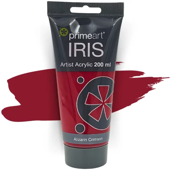 A single tube of Alizarin Crimson Prime Art Iris Acrylic Paint 200ml is shown in the frame. The tube is a clear plastic with a black printed band at the top of each tube that has the Prime Art Iris Logo printed on it. The tube has a black flip cap that the tube stands on. You can see the colour of the paint through the tube. On a white background.