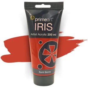 A single tube of Burnt Sienna Prime Art Iris Acrylic Paint 200ml is shown in the frame. The tube is a clear plastic with a black printed band at the top of each tube that has the Prime Art Iris Logo printed on it. The tube has a black flip cap that the tube stands on. You can see the colour of the paint through the tube. On a white background.