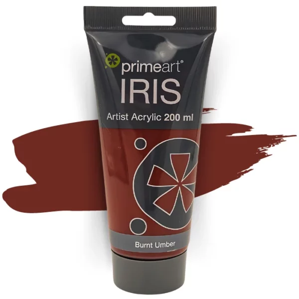 A single tube of Burnt Umber Prime Art Iris Acrylic Paint 200ml is shown in the frame. The tube is a clear plastic with a black printed band at the top of each tube that has the Prime Art Iris Logo printed on it. The tube has a black flip cap that the tube stands on. You can see the colour of the paint through the tube. On a white background.