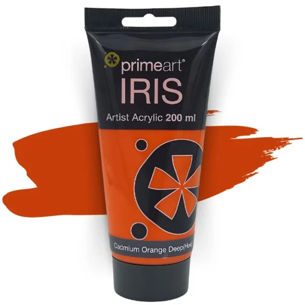 A single tube of Cadmium Orange Deep Hue Prime Art Iris Acrylic Paint 200ml is shown in the frame. The tube is a clear plastic with a black printed band at the top of each tube that has the Prime Art Iris Logo printed on it. The tube has a black flip cap that the tube stands on. You can see the colour of the paint through the tube. On a white background.