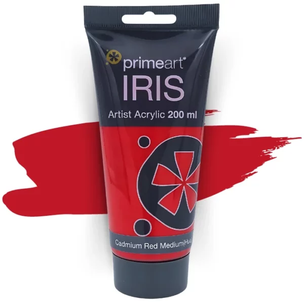 A single tube of Cadmium Red Medium Hue Prime Art Iris Acrylic Paint 200ml is shown in the frame. The tube is a clear plastic with a black printed band at the top of each tube that has the Prime Art Iris Logo printed on it. The tube has a black flip cap that the tube stands on. You can see the colour of the paint through the tube. On a white background.