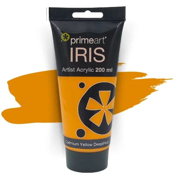 A single tube of Cadmium Yellow Deep Hue Prime Art Iris Acrylic Paint 200ml is shown in the frame. The tube is a clear plastic with a black printed band at the top of each tube that has the Prime Art Iris Logo printed on it. The tube has a black flip cap that the tube stands on. You can see the colour of the paint through the tube. On a white background.