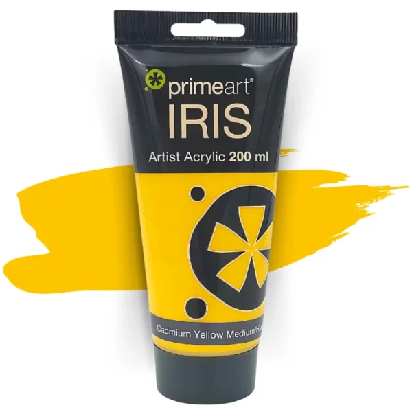 A single tube of Cadmium Yellow Medium Hue Prime Art Iris Acrylic Paint 200ml is shown in the frame. The tube is a clear plastic with a black printed band at the top of each tube that has the Prime Art Iris Logo printed on it. The tube has a black flip cap that the tube stands on. You can see the colour of the paint through the tube. On a white background.