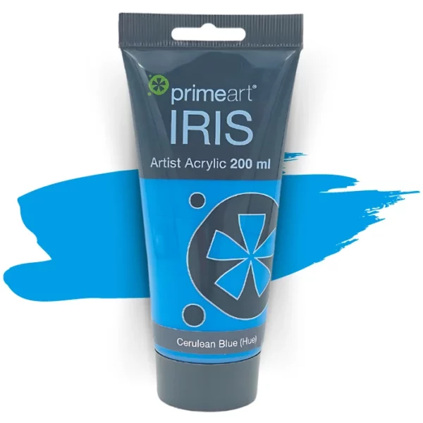 A single tube of Cerulean Blue Hue Prime Art Iris Acrylic Paint 200ml is shown in the frame. The tube is a clear plastic with a black printed band at the top of each tube that has the Prime Art Iris Logo printed on it. The tube has a black flip cap that the tube stands on. You can see the colour of the paint through the tube. On a white background.