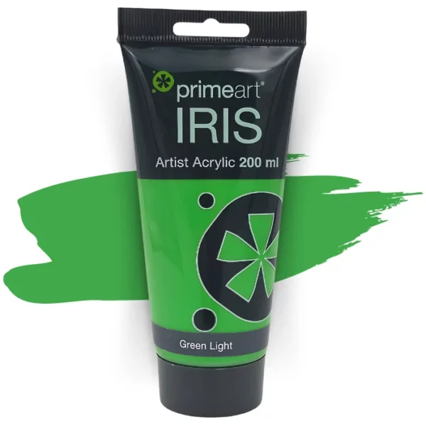 A single tube of Green Light Prime Art Iris Acrylic Paint 200ml is shown in the frame. The tube is a clear plastic with a black printed band at the top of each tube that has the Prime Art Iris Logo printed on it. The tube has a black flip cap that the tube stands on. You can see the colour of the paint through the tube. On a white background.