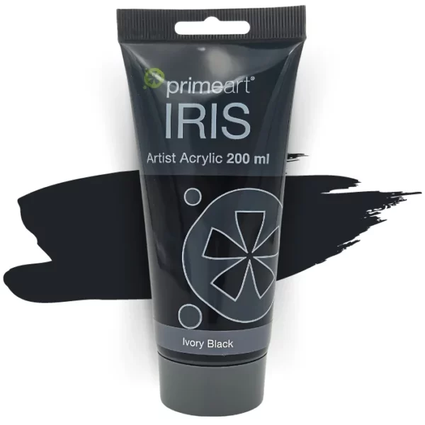 A single tube of Ivory Black Prime Art Iris Acrylic Paint 200ml is shown in the frame. The tube is a clear plastic with a black printed band at the top of each tube that has the Prime Art Iris Logo printed on it. The tube has a black flip cap that the tube stands on. You can see the colour of the paint through the tube. On a white background.