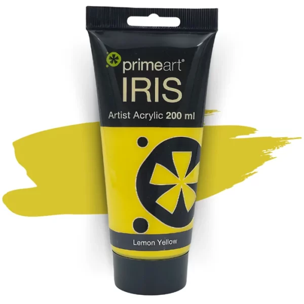 A single tube of Lemon Yellow Prime Art Iris Acrylic Paint 200ml is shown in the frame. The tube is a clear plastic with a black printed band at the top of each tube that has the Prime Art Iris Logo printed on it. The tube has a black flip cap that the tube stands on. You can see the colour of the paint through the tube. On a white background.