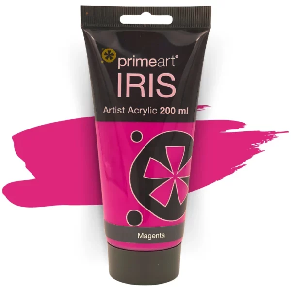 A single tube of Magenta Prime Art Iris Acrylic Paint 200ml is shown in the frame. The tube is a clear plastic with a black printed band at the top of each tube that has the Prime Art Iris Logo printed on it. The tube has a black flip cap that the tube stands on. You can see the colour of the paint through the tube. On a white background.