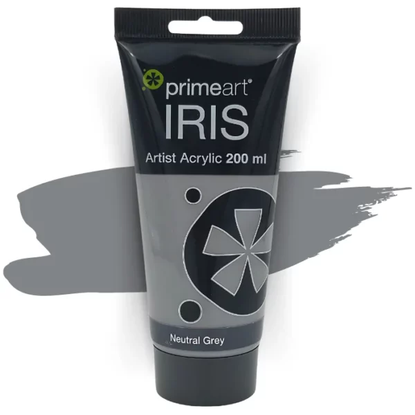 A single tube of Neutral Grey Prime Art Iris Acrylic Paint 200ml is shown in the frame. The tube is a clear plastic with a black printed band at the top of each tube that has the Prime Art Iris Logo printed on it. The tube has a black flip cap that the tube stands on. You can see the colour of the paint through the tube. On a white background.