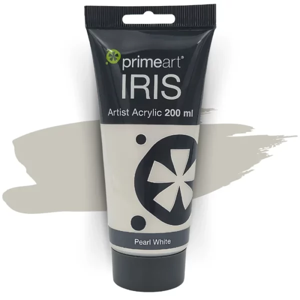 A single tube of Pearl White Prime Art Iris Acrylic Paint 200ml is shown in the frame. The tube is a clear plastic with a black printed band at the top of each tube that has the Prime Art Iris Logo printed on it. The tube has a black flip cap that the tube stands on. You can see the colour of the paint through the tube. On a white background.