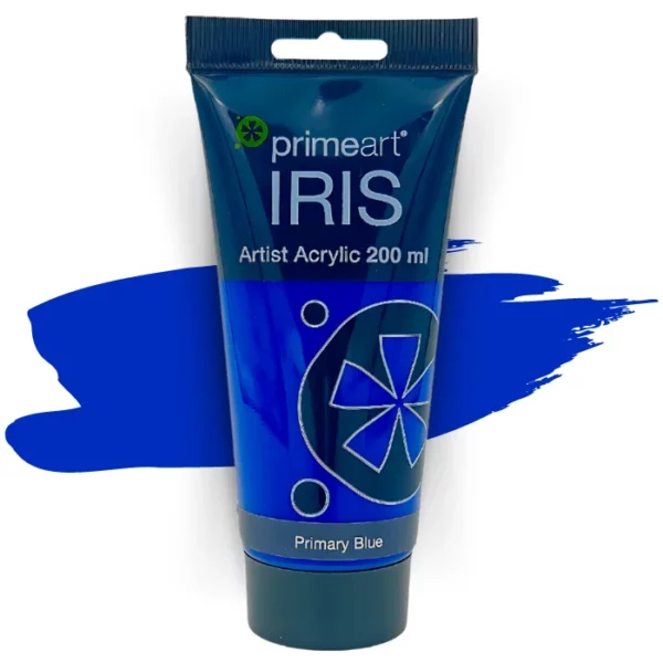 A single tube of Primary Blue Prime Art Iris Acrylic Paint 200ml is shown in the frame. The tube is a clear plastic with a black printed band at the top of each tube that has the Prime Art Iris Logo printed on it. The tube has a black flip cap that the tube stands on. You can see the colour of the paint through the tube. On a white background.