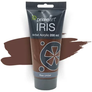 A single tube of Raw Umber Prime Art Iris Acrylic Paint 200ml is shown in the frame. The tube is a clear plastic with a black printed band at the top of each tube that has the Prime Art Iris Logo printed on it. The tube has a black flip cap that the tube stands on. You can see the colour of the paint through the tube. On a white background.