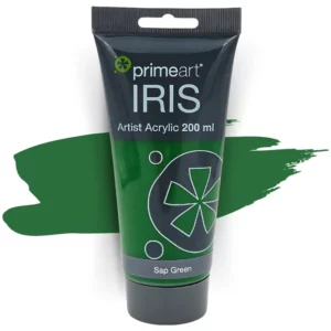 A single tube of Sap Green Prime Art Iris Acrylic Paint 200ml is shown in the frame. The tube is a clear plastic with a black printed band at the top of each tube that has the Prime Art Iris Logo printed on it. The tube has a black flip cap that the tube stands on. You can see the colour of the paint through the tube. On a white background.