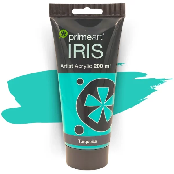 A single tube of Turquoise Prime Art Iris Acrylic Paint 200ml is shown in the frame. The tube is a clear plastic with a black printed band at the top of each tube that has the Prime Art Iris Logo printed on it. The tube has a black flip cap that the tube stands on. You can see the colour of the paint through the tube. On a white background.