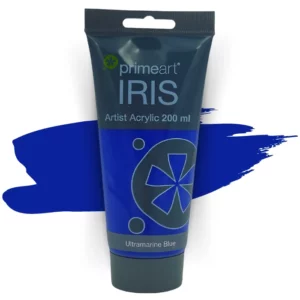 A single tube of Ultramarine Prime Art Iris Acrylic Paint 200ml is shown in the frame. The tube is a clear plastic with a black printed band at the top of each tube that has the Prime Art Iris Logo printed on it. The tube has a black flip cap that the tube stands on. You can see the colour of the paint through the tube. On a white background.