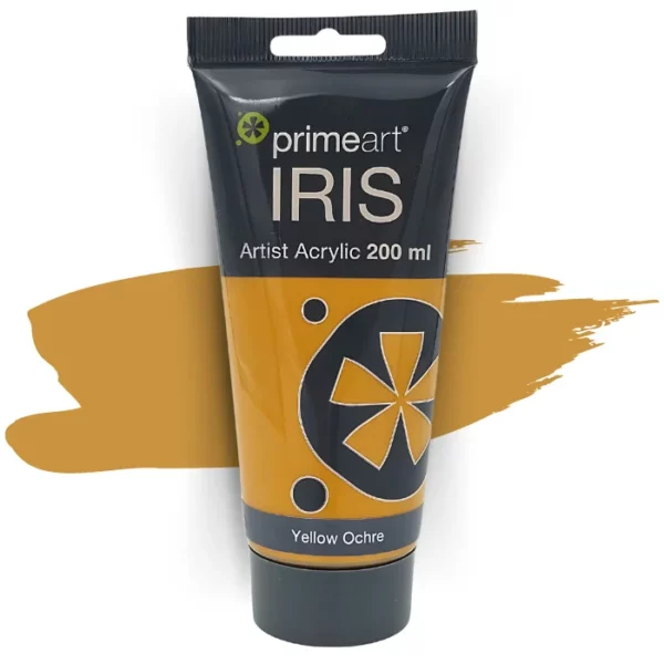 A single tube of Yellow Ochre Prime Art Iris Acrylic Paint 200ml is shown in the frame. The tube is a clear plastic with a black printed band at the top of each tube that has the Prime Art Iris Logo printed on it. The tube has a black flip cap that the tube stands on. You can see the colour of the paint through the tube. On a white background.