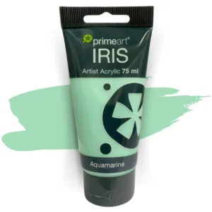 A single tube of Aquamarine Prime Art Iris Acrylic Paint 75ml is shown in the frame. The tube is a clear plastic with a black printed band at the top of each tube that has the Prime Art Iris Logo printed on it. The tube has a black flip cap that the tube stands on. You can see the colour of the paint through the tube. On a white background.