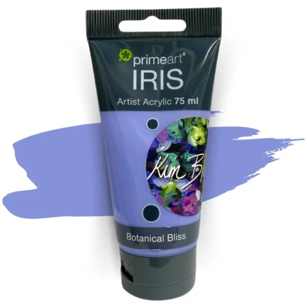 A single tube of Botanical Bliss by Kim Black Prime Art Iris Acrylic Paint 75ml is shown in the frame. The tube is a clear plastic with a black printed band at the top of each tube that has the Prime Art Iris Logo printed on it. The tube has a black flip cap that the tube stands on. You can see the colour of the paint through the tube. On a white background.