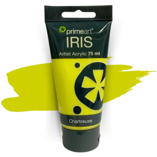 A single tube of Chartreuse Prime Art Iris Acrylic Paint 75ml is shown in the frame. The tube is a clear plastic with a black printed band at the top of each tube that has the Prime Art Iris Logo printed on it. The tube has a black flip cap that the tube stands on. You can see the colour of the paint through the tube. On a white background.