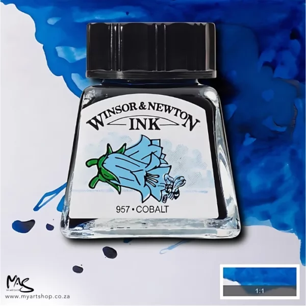 A single bottle of Cobalt Winsor & Newton Drawing Ink can be seen in the center of the frame, with ink in the background, in the top right hand corner of the frame, flowing into the frame. The ink is the colour of the ink inside the bottle. The bottle is a clear glass bottle and so you can see the colour of the ink inside. There is a black, plastic screw on lid and a label stuck to the front of the bottle with the brand name and logo on it. There is a small rectangular colour block with a sample of the ink colour in a 1:1 ratio, in the bottom right hand corner of the frame.