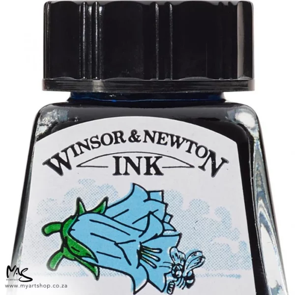 A close up of a single bottle of Cobalt Winsor & Newton Drawing Ink. The bottom of the bottle is cut off by the frame. The bottle is clear glass so you can see the colour of the ink inside, with a black screw on plastic lid. There is a label on the front of the bottle with the brand logo.