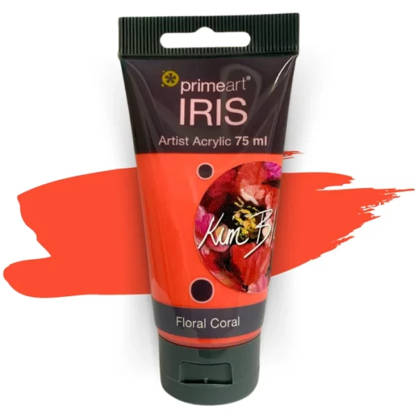 A single tube of Floral Coral by Kim Black Prime Art Iris Acrylic Paint 75ml is shown in the frame. The tube is a clear plastic with a black printed band at the top of each tube that has the Prime Art Iris Logo printed on it. The tube has a black flip cap that the tube stands on. You can see the colour of the paint through the tube. On a white background.