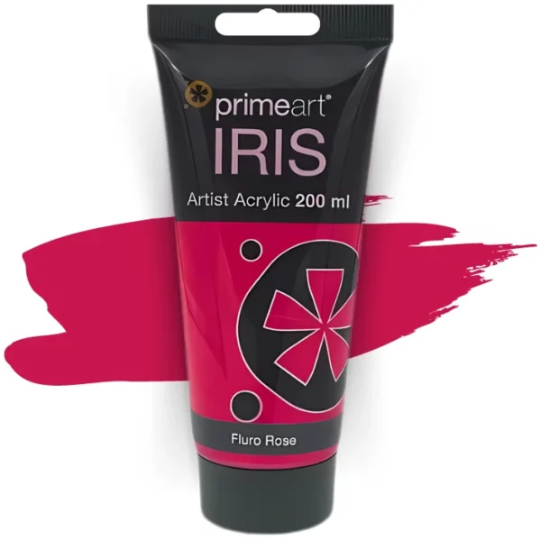 A single tube of Fluro Rose Prime Art Iris Acrylic Paint 200ml is shown in the frame. The tube is a clear plastic with a black printed band at the top of each tube that has the Prime Art Iris Logo printed on it. The tube has a black flip cap that the tube stands on. You can see the colour of the paint through the tube. On a white background.