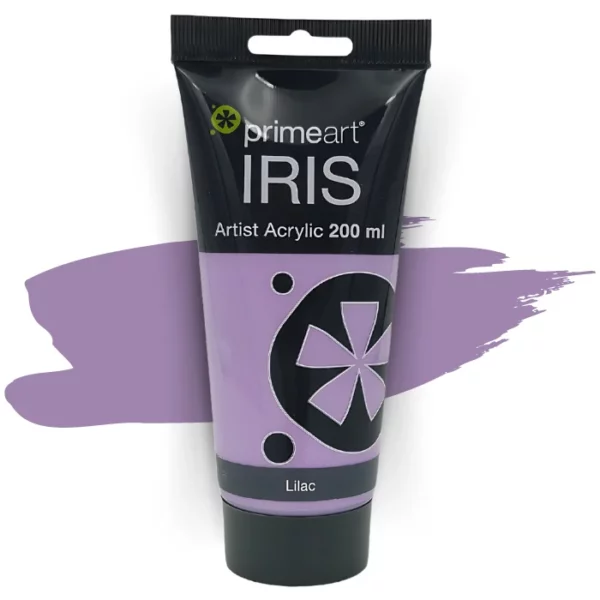 A single tube of Lilac Prime Art Iris Acrylic Paint 200ml is shown in the frame. The tube is a clear plastic with a black printed band at the top of each tube that has the Prime Art Iris Logo printed on it. The tube has a black flip cap that the tube stands on. You can see the colour of the paint through the tube. On a white background.