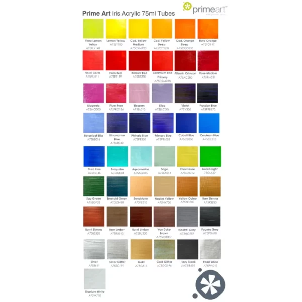 A colour chart for the Prime Art Iris Acrylic Paint 75ml tubes. There are 8 rows. Each row has 6 colour blocks except the bottom row that has 1. The name of the colour is shown below the square colour block. On a white background.