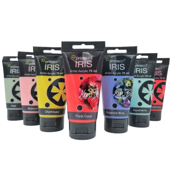 There are 7 tubes of Prime Art Iris Acrylic Paint 75ml shown horizontally, across the center of the frame in an arrow head formation. Each tube is made of a clear plastic with a printed black band at the top of the tube that has the Prime Art Iris logo printed on it. Each tube has a black plastic flip cap that the tube stands on. On a white background.