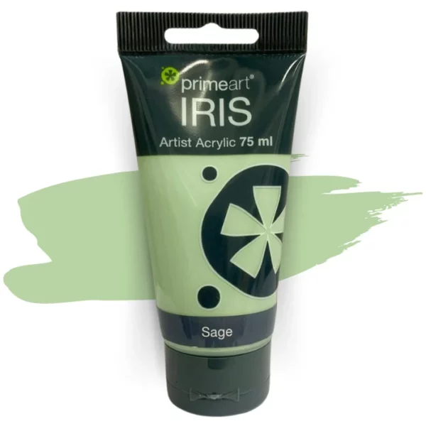 A single tube of Sage Prime Art Iris Acrylic Paint 75ml is shown in the frame. The tube is a clear plastic with a black printed band at the top of each tube that has the Prime Art Iris Logo printed on it. The tube has a black flip cap that the tube stands on. You can see the colour of the paint through the tube. On a white background.