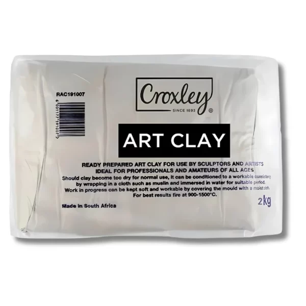 Croxley Art Clay Plastic Wrapped 2kg. The clay is a natural light grey colour and is plastic wrapped, so you can see the clay inside. There is black text on the packaging, describing the contents. The image is center of the frame and on a white background.