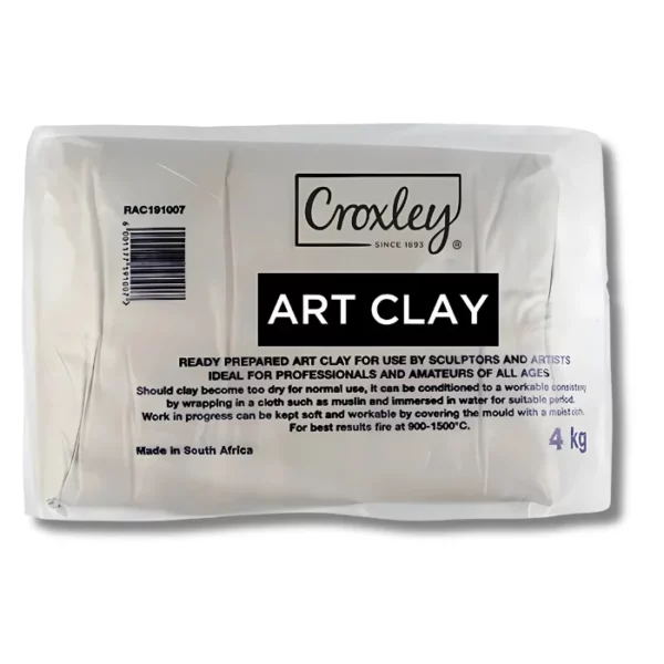 Croxley Art Clay Plastic Wrapped 4kg. The clay is a natural light grey colour and is plastic wrapped, so you can see the clay inside. There is black text on the packaging, describing the contents. The image is center of the frame and on a white background.