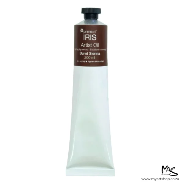 A tube of Burnt Sienna Iris Oil Paint 200ml is seen standing vertically in the center of the frame. The tube is white and has a band of colour around the top of the tube that indicates the colour of the paint. The tube has a black plastic screw top. On a white background.