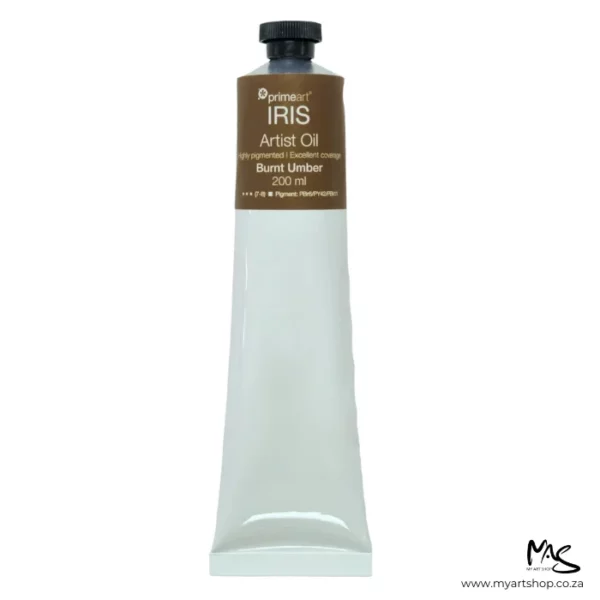 A tube of Burnt Umber Iris Oil Paint 200ml is seen standing vertically in the center of the frame. The tube is white and has a band of colour around the top of the tube that indicates the colour of the paint. The tube has a black plastic screw top. On a white background.