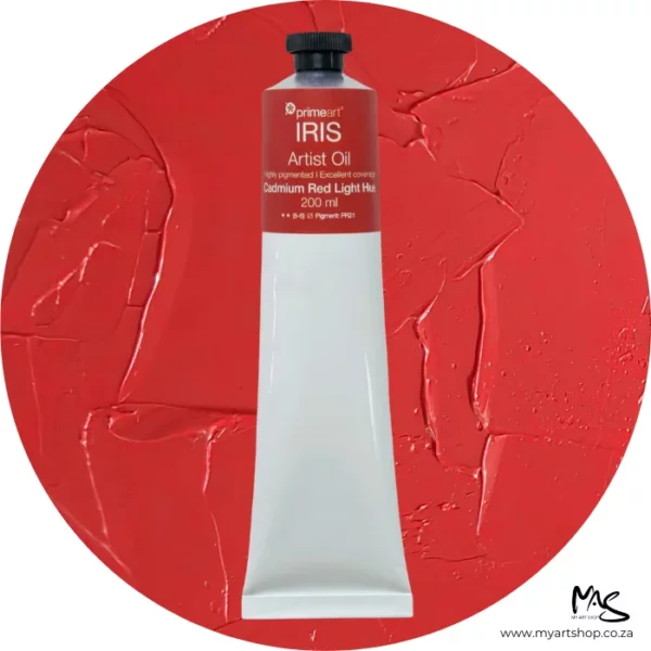 A tube of Cadmium Red Light Hue Iris Oil Paint 200ml is seen standing vertically in the center of the frame. The tube is white and has a band of colour around the top of the tube that indicates the colour of the paint. The tube has a black plastic screw top. There is a circle in the center of the frame in the background, behind the tube of paint which has the paint swatch in it. On a white background.