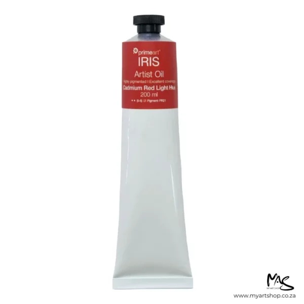 A tube of Cadmium Red Light Hue Iris Oil Paint 200ml is seen standing vertically in the center of the frame. The tube is white and has a band of colour around the top of the tube that indicates the colour of the paint. The tube has a black plastic screw top. On a white background.