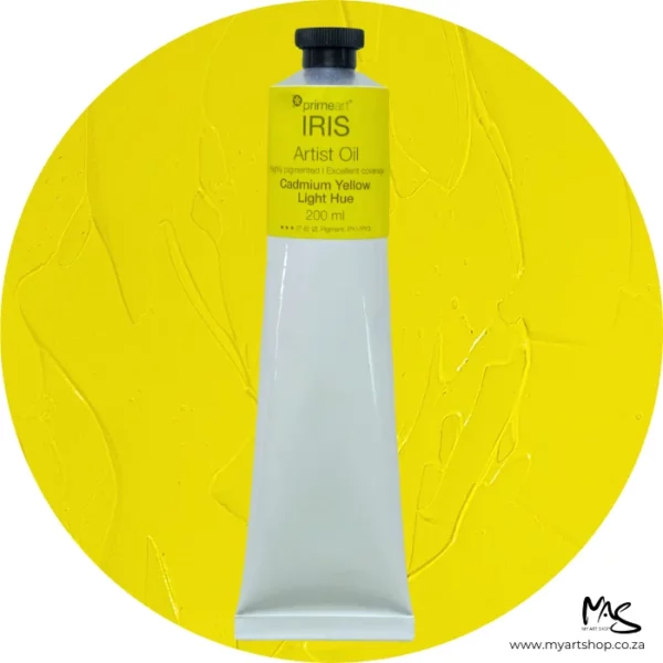 A tube of Cadmium Yellow Light Hue Iris Oil Paint 200ml is seen standing vertically in the center of the frame. The tube is white and has a band of colour around the top of the tube that indicates the colour of the paint. The tube has a black plastic screw top. There is a circle in the center of the frame in the background, behind the tube of paint which has the paint swatch in it. On a white background.