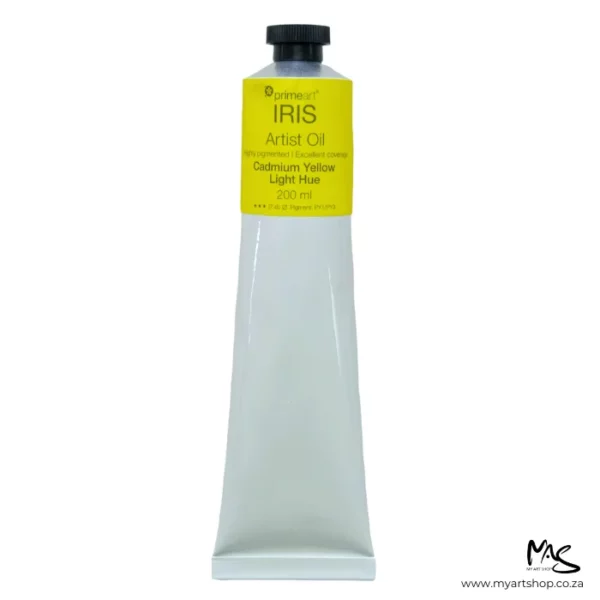 A tube of Cadmium Yellow Light Hue Iris Oil Paint 200ml is seen standing vertically in the center of the frame. The tube is white and has a band of colour around the top of the tube that indicates the colour of the paint. The tube has a black plastic screw top. On a white background.