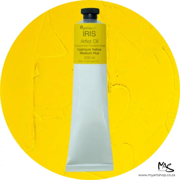 A tube of Cadmium Yellow Medium Hue Iris Oil Paint 200ml is seen standing vertically in the center of the frame. The tube is white and has a band of colour around the top of the tube that indicates the colour of the paint. The tube has a black plastic screw top. There is a circle in the center of the frame in the background, behind the tube of paint which has the paint swatch in it. On a white background.
