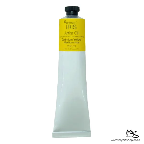 A tube of Cadmium Yellow Medium Hue Iris Oil Paint 200ml is seen standing vertically in the center of the frame. The tube is white and has a band of colour around the top of the tube that indicates the colour of the paint. The tube has a black plastic screw top. On a white background.