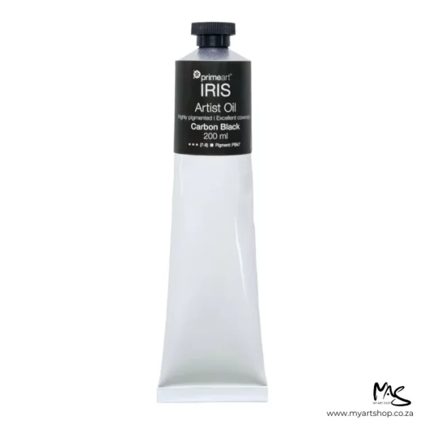 A tube of Carbon Black Iris Oil Paint 200ml is seen standing vertically in the center of the frame. The tube is white and has a band of colour around the top of the tube that indicates the colour of the paint. The tube has a black plastic screw top. On a white background.