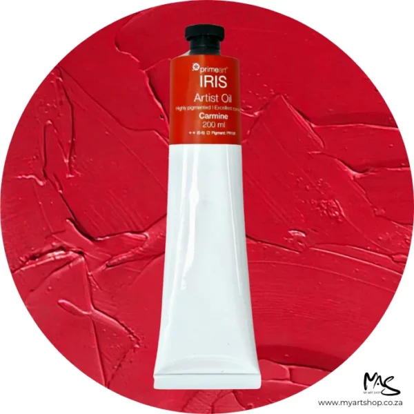 A tube of Carmine Iris Oil Paint 200ml is seen standing vertically in the center of the frame. The tube is white and has a band of colour around the top of the tube that indicates the colour of the paint. The tube has a black plastic screw top. There is a circle in the center of the frame in the background, behind the tube of paint which has the paint swatch in it. On a white background.