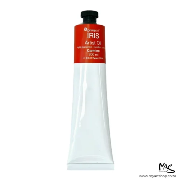 A tube of Carmine Iris Oil Paint 200ml is seen standing vertically in the center of the frame. The tube is white and has a band of colour around the top of the tube that indicates the colour of the paint. The tube has a black plastic screw top. On a white background.