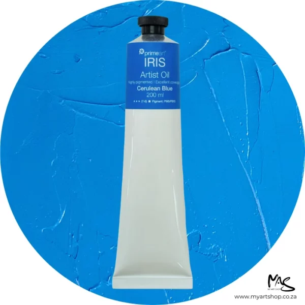 A tube of Cerulean Blue Iris Oil Paint 200ml is seen standing vertically in the center of the frame. The tube is white and has a band of colour around the top of the tube that indicates the colour of the paint. The tube has a black plastic screw top. There is a circle in the center of the frame in the background, behind the tube of paint which has the paint swatch in it. On a white background.