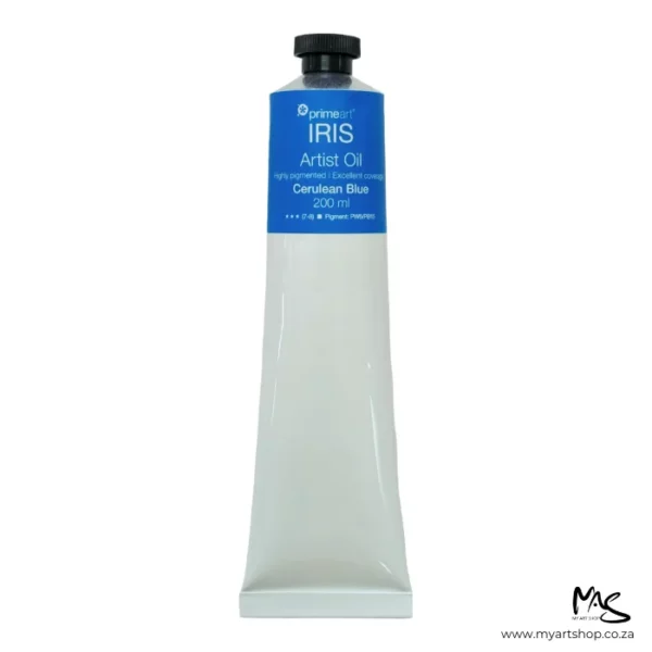 A tube of Cerulean Blue Iris Oil Paint 200ml is seen standing vertically in the center of the frame. The tube is white and has a band of colour around the top of the tube that indicates the colour of the paint. The tube has a black plastic screw top. On a white background.