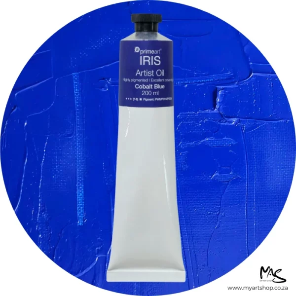 A tube of Cobalt Blue Iris Oil Paint 200ml is seen standing vertically in the center of the frame. The tube is white and has a band of colour around the top of the tube that indicates the colour of the paint. The tube has a black plastic screw top. There is a circle in the center of the frame in the background, behind the tube of paint which has the paint swatch in it. On a white background.