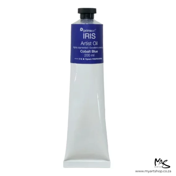 A tube of Cobalt Blue Iris Oil Paint 200ml is seen standing vertically in the center of the frame. The tube is white and has a band of colour around the top of the tube that indicates the colour of the paint. The tube has a black plastic screw top. On a white background.
