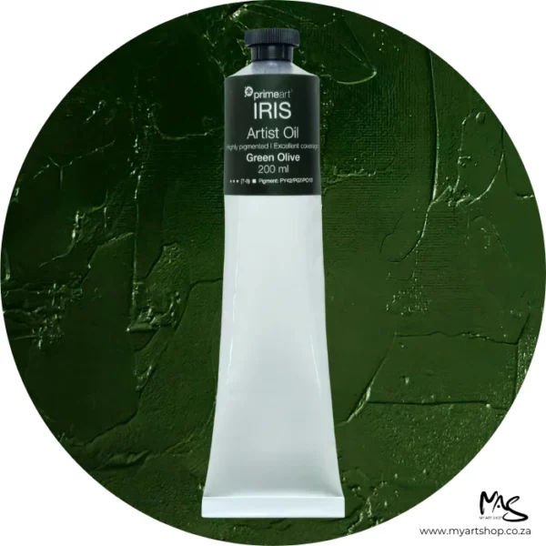 A tube of Olive Green Iris Oil Paint 200ml is seen standing vertically in the center of the frame. The tube is white and has a band of colour around the top of the tube that indicates the colour of the paint. The tube has a black plastic screw top. There is a circle in the center of the frame in the background, behind the tube of paint which has the paint swatch in it. On a white background.