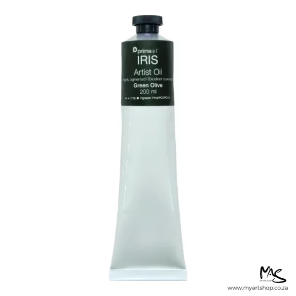 A tube of Olive Green Iris Oil Paint 200ml is seen standing vertically in the center of the frame. The tube is white and has a band of colour around the top of the tube that indicates the colour of the paint. The tube has a black plastic screw top. On a white background.